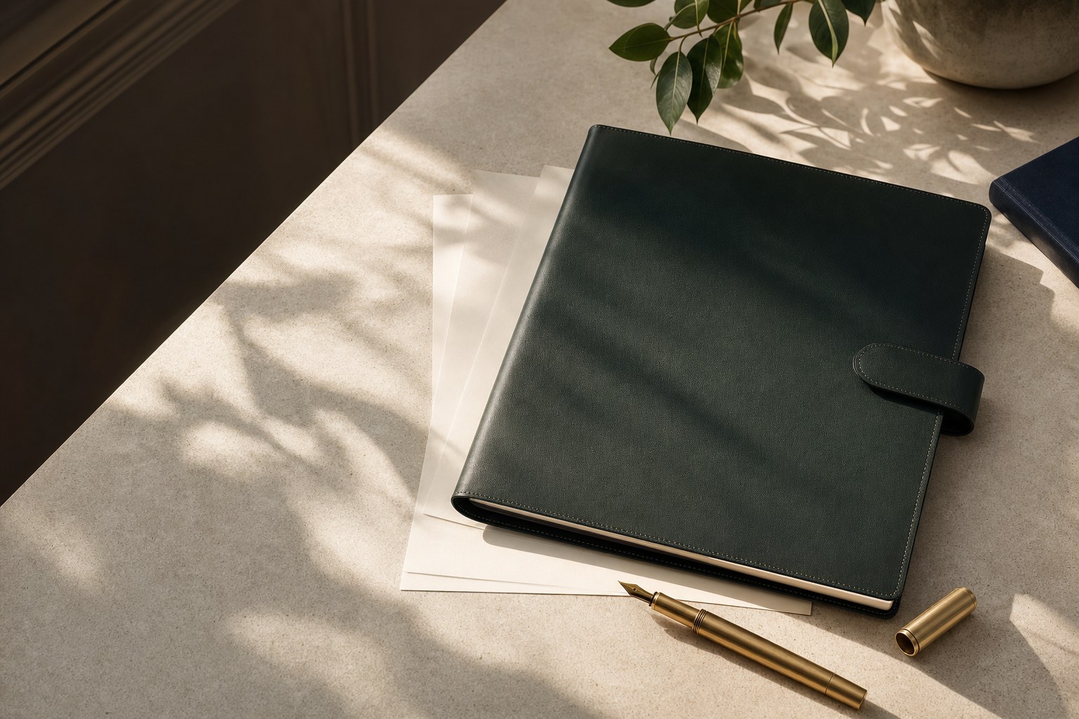 A dark green document folio and brass pen on a sunlit desk