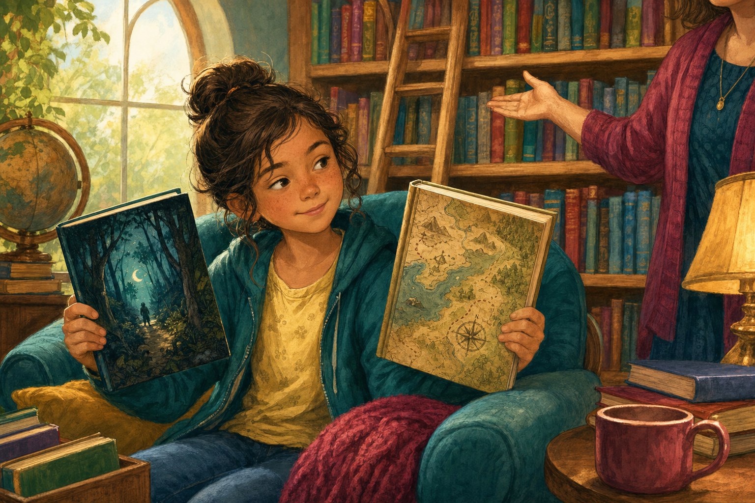 A child choosing between two storybooks in a welcoming library with a helpful adult nearby
