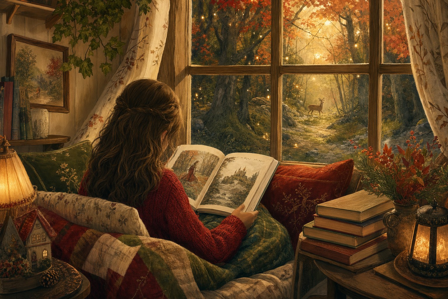 A child reading an illustrated storybook beside a window overlooking a magical autumn woodland