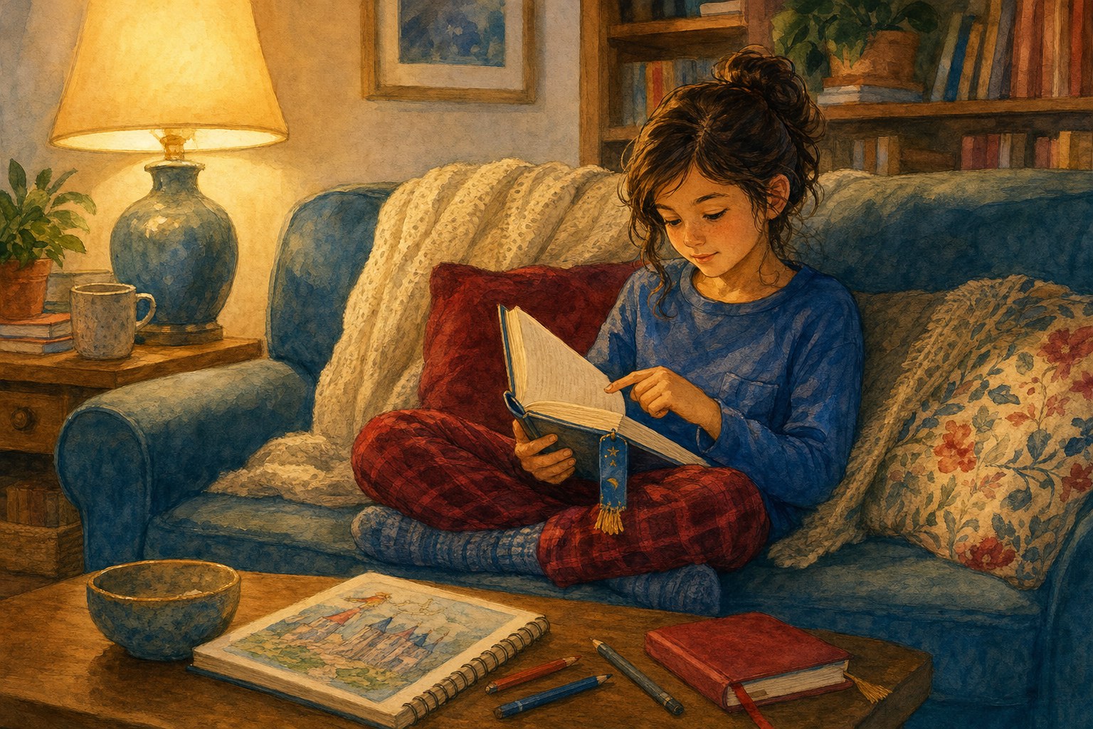 A child reading a chapter book quietly on a blue sofa beside a warm lamp