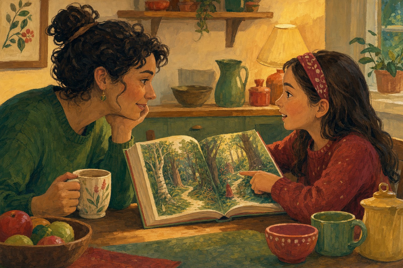An adult and child talking about an illustrated woodland storybook at a kitchen table