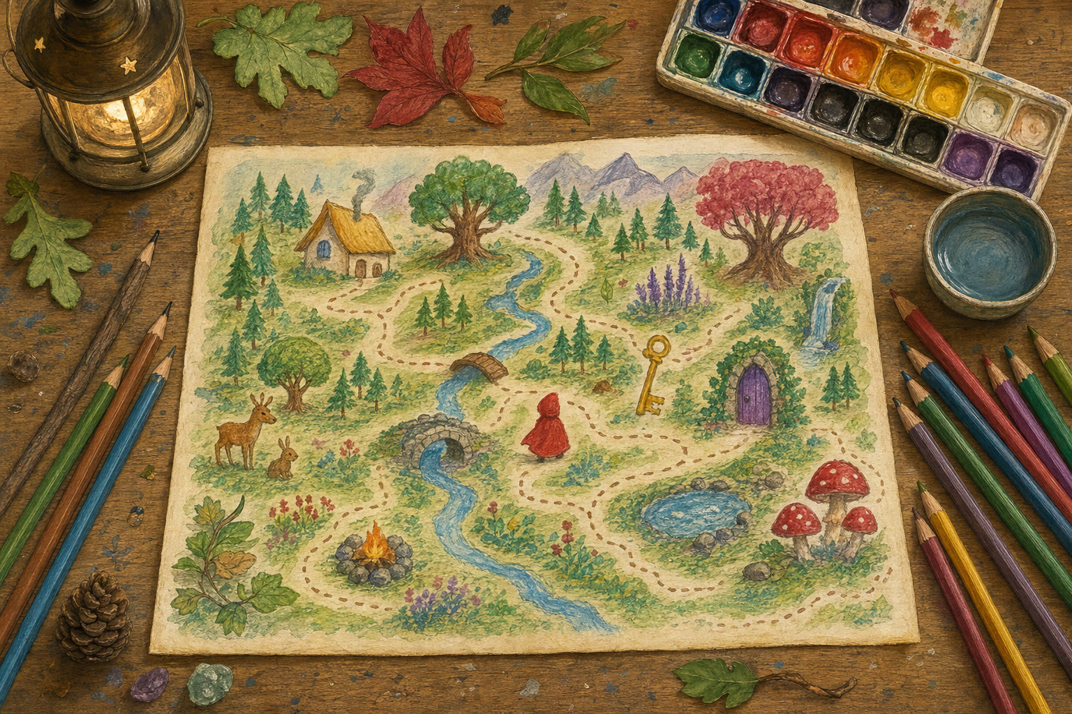 A painted fairy tale map with colored pencils, a lantern, a gold key, and a violet doorway
