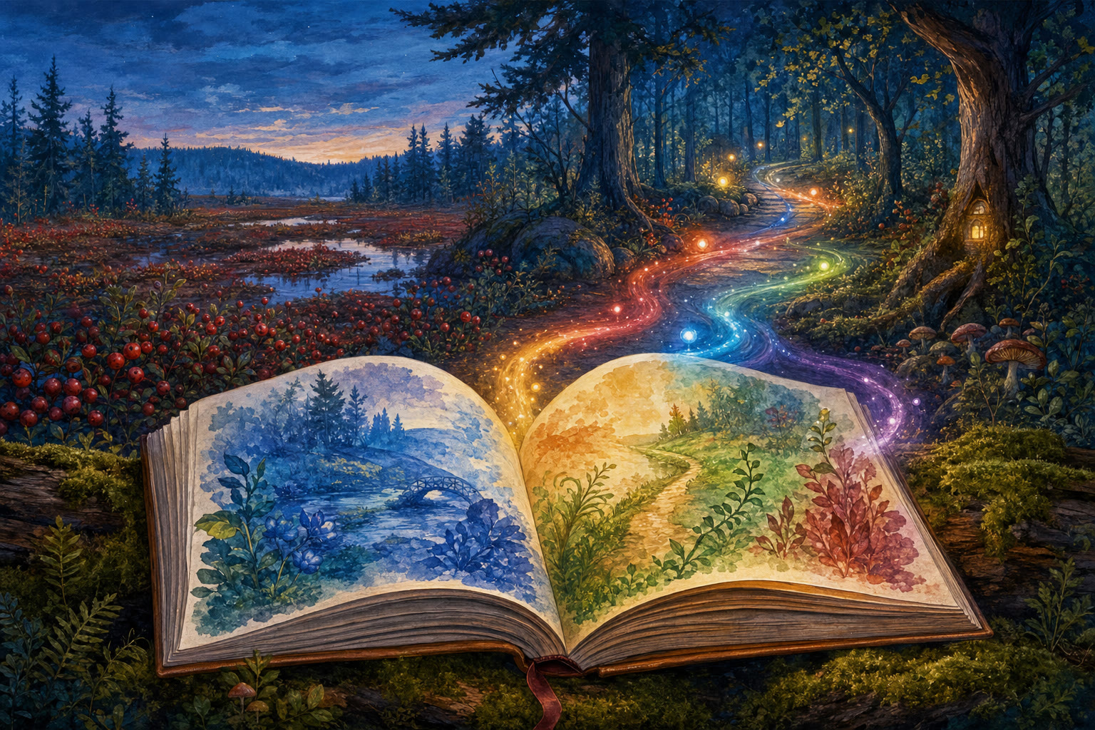 An open illustrated storybook beside a cranberry bog with colored lights winding into the woods