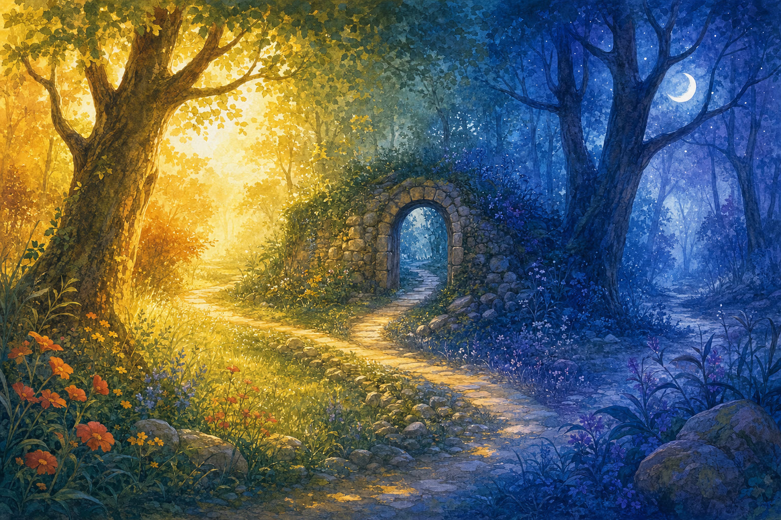 A woodland path changing from warm golden daylight to blue moonlight through a stone doorway