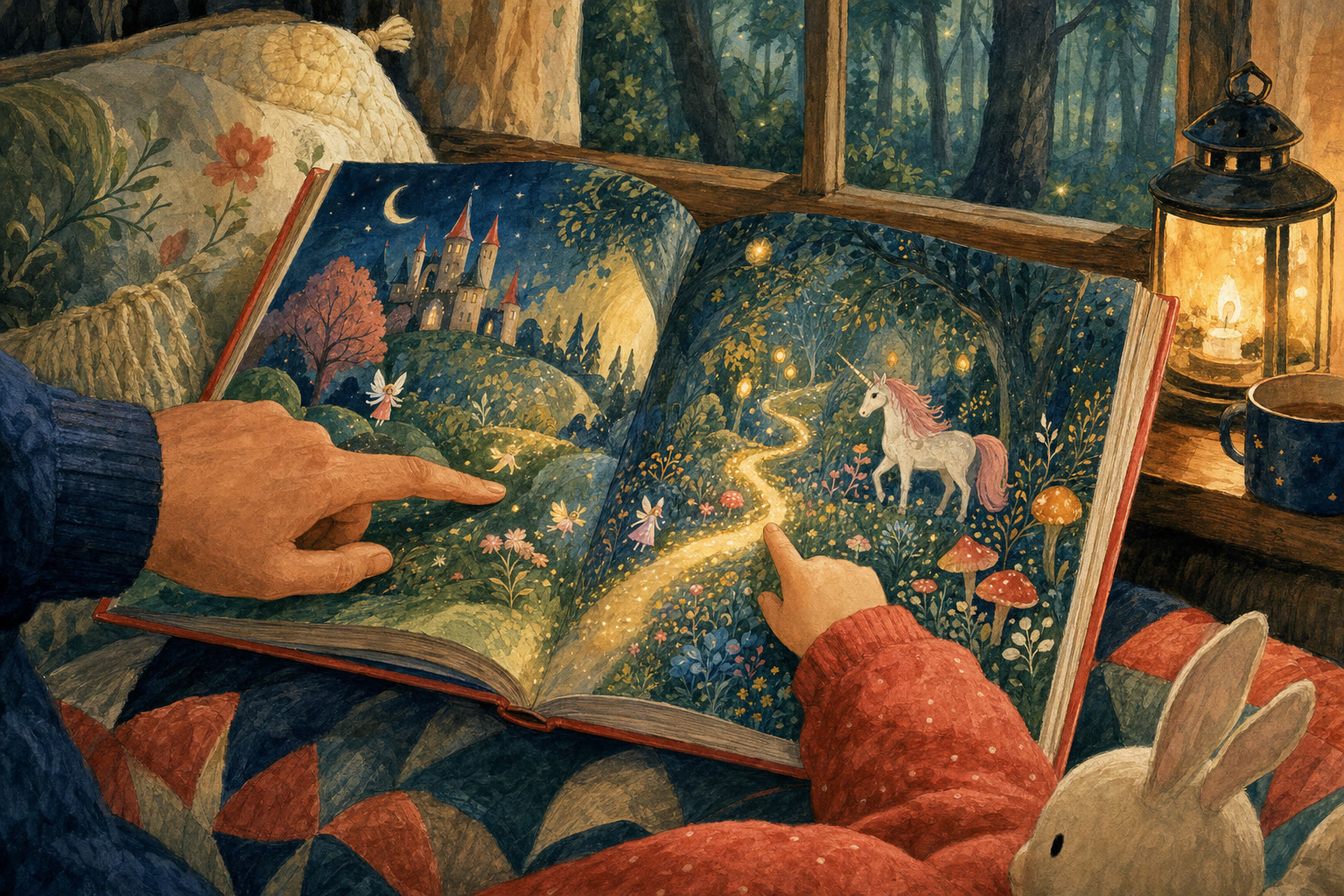 An adult and child pointing to an illustrated fairy tale book in a cozy reading nook