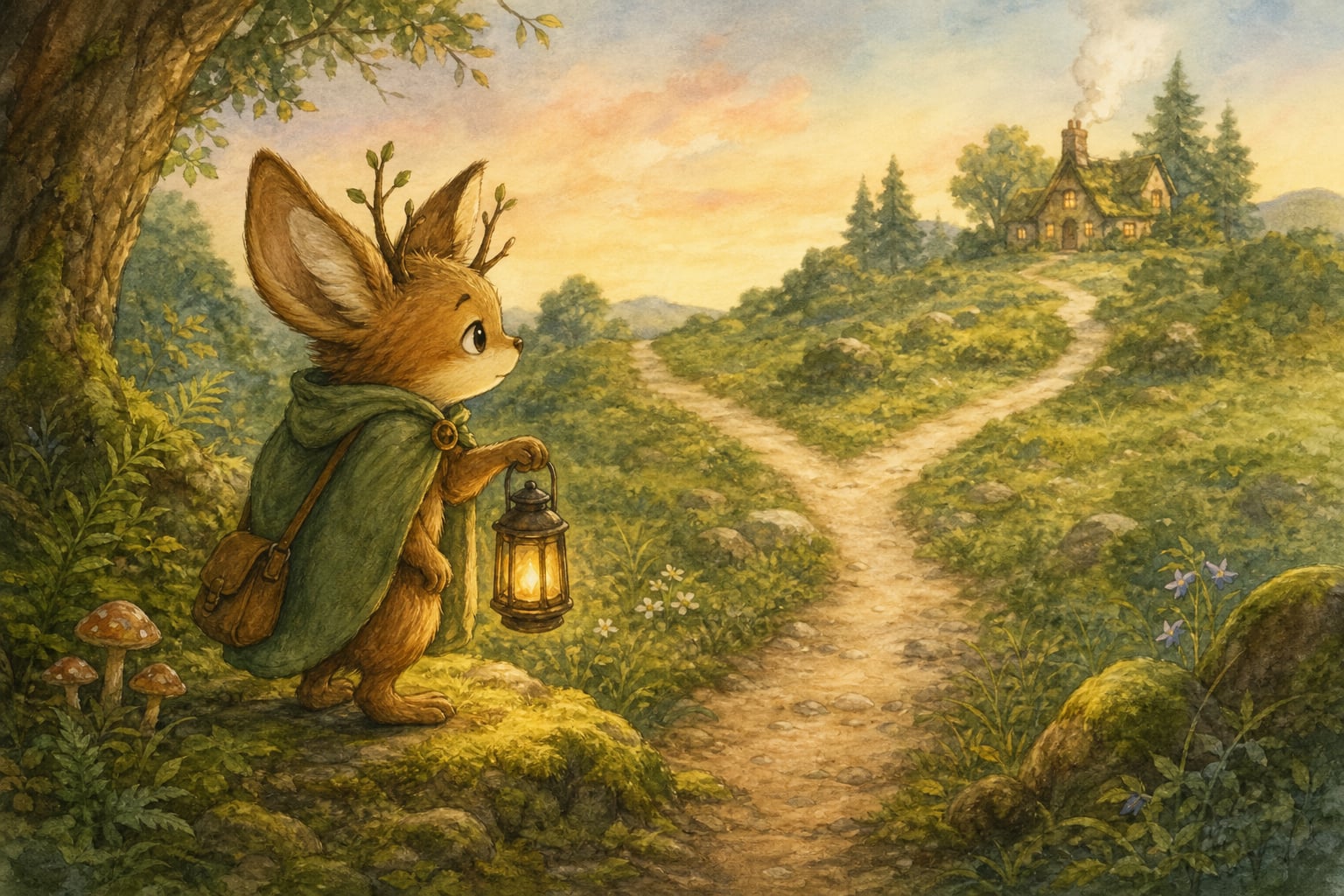 A small woodland creature with a lantern deciding which path to take