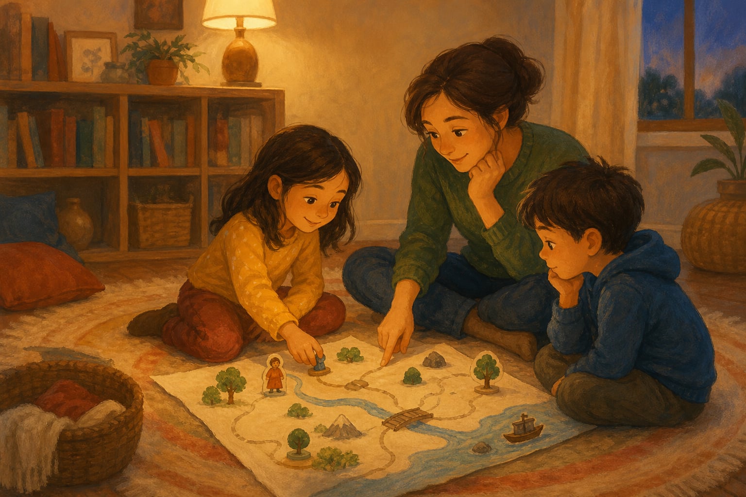 An adult and two children sharing a handmade story map on a rug