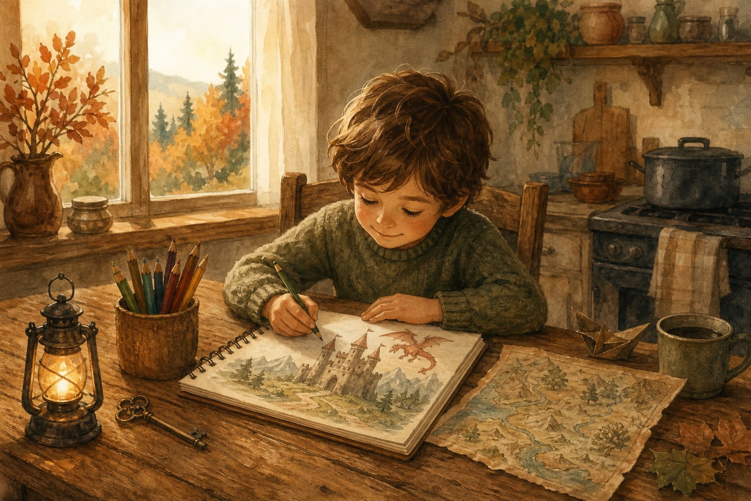 A child drawing a fairy tale map at a kitchen table with a lantern and colored pencils