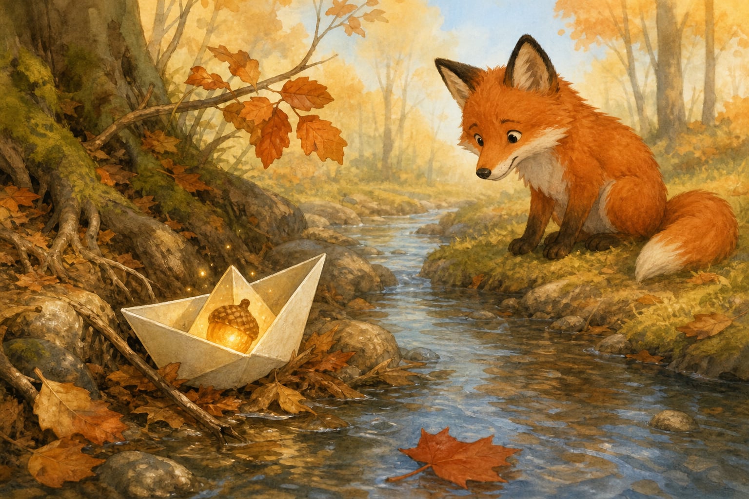 A friendly fox watching a paper boat carrying a glowing acorn beside a woodland stream