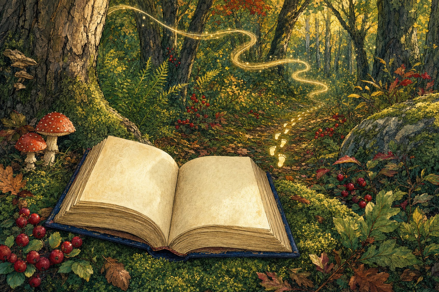 An open storybook in a woodland with a glowing trail of small footprints