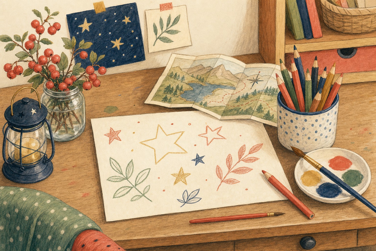 A child’s desk with coloured pencils, a lantern, a map, berries, and hand-drawn story symbols
