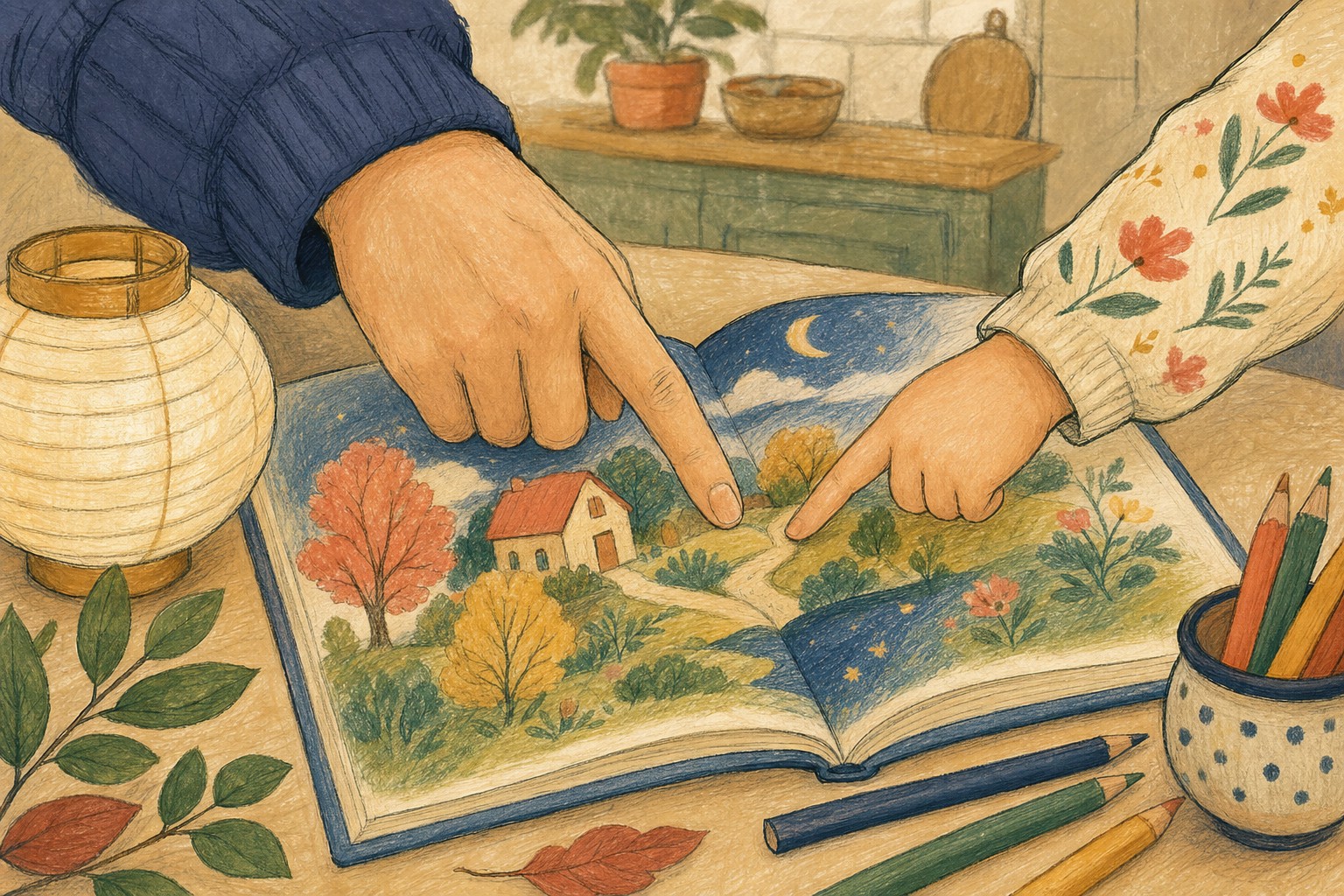 An adult and child pointing at the pages of an illustrated storybook together