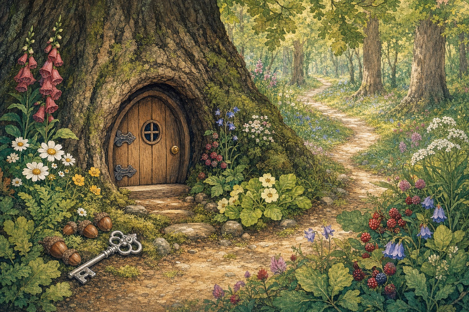 A small wooden door set into an old oak tree beside a winding woodland path