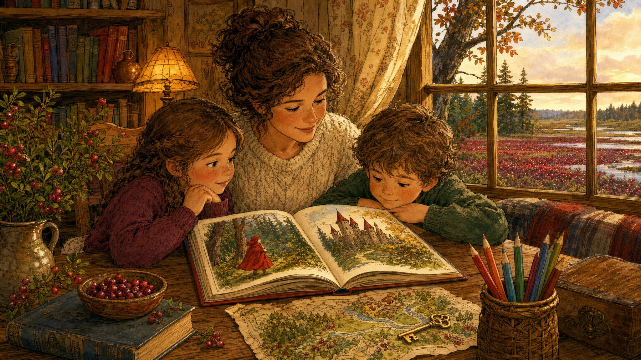 An adult and two children sharing an illustrated fairy tale beside a cranberry bog
