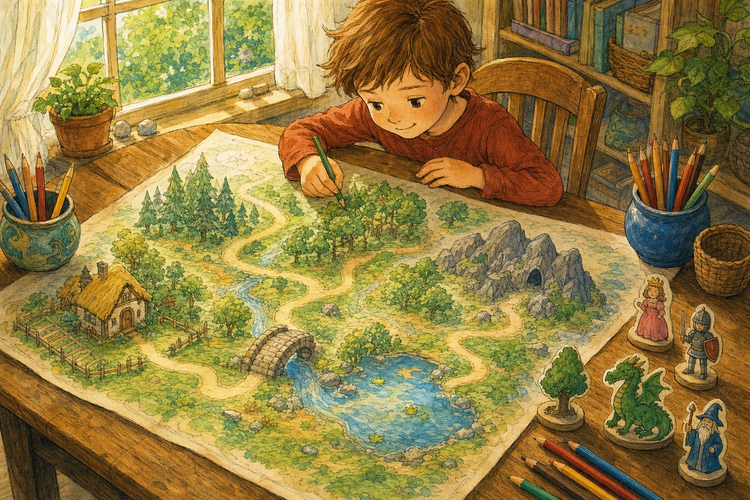 A child drawing a fairy tale map with a cottage, woods, bridge, and pond