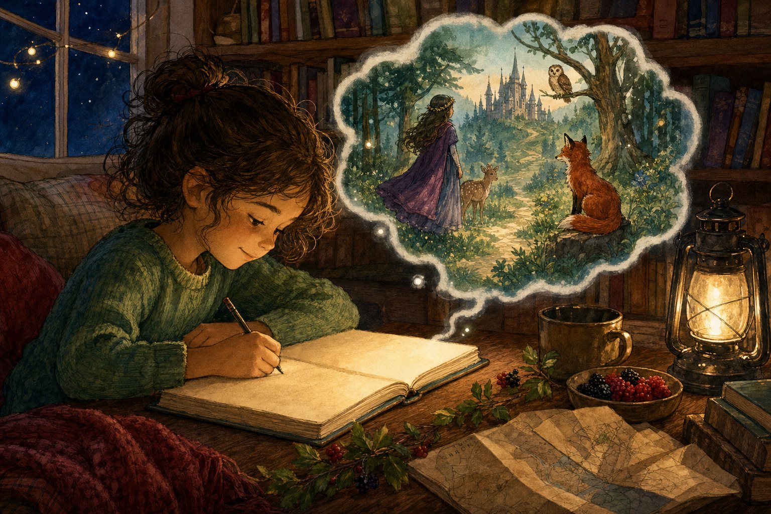 A child writing a new fairy tale ending beside a lantern and an imagined woodland scene