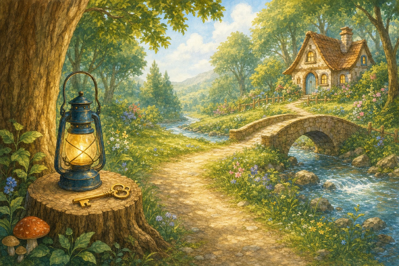 A child-friendly woodland path with a lantern, key, cottage, bridge, and stream