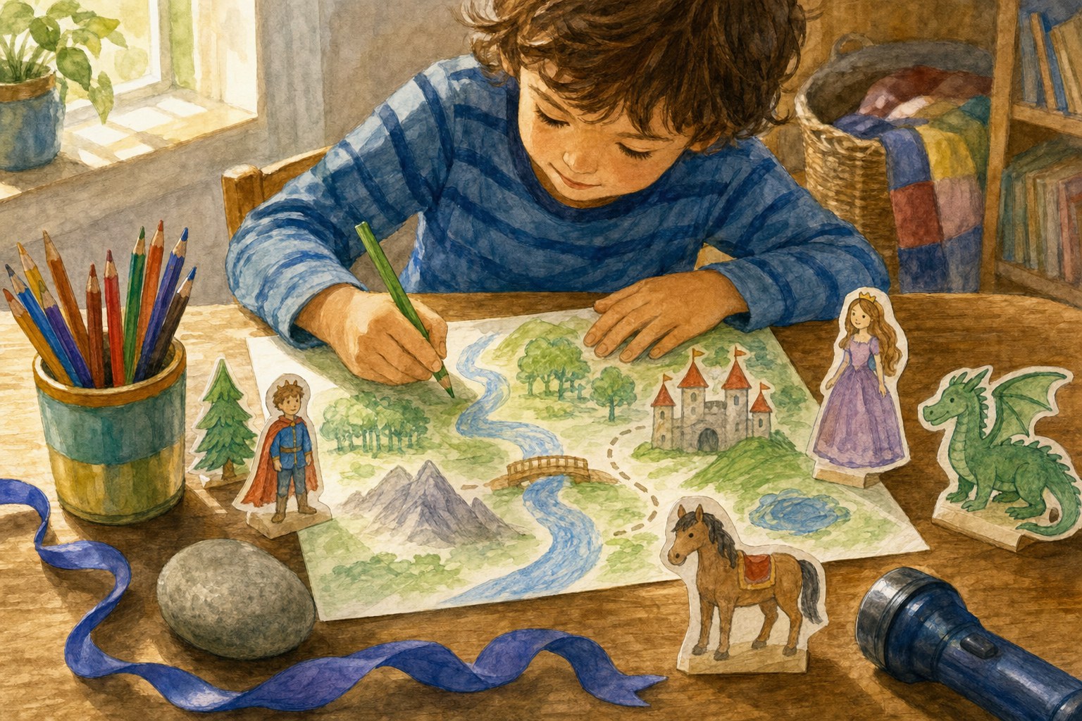 A child drawing a fairy tale map with paper characters, colored pencils, a ribbon, stone, and flashlight