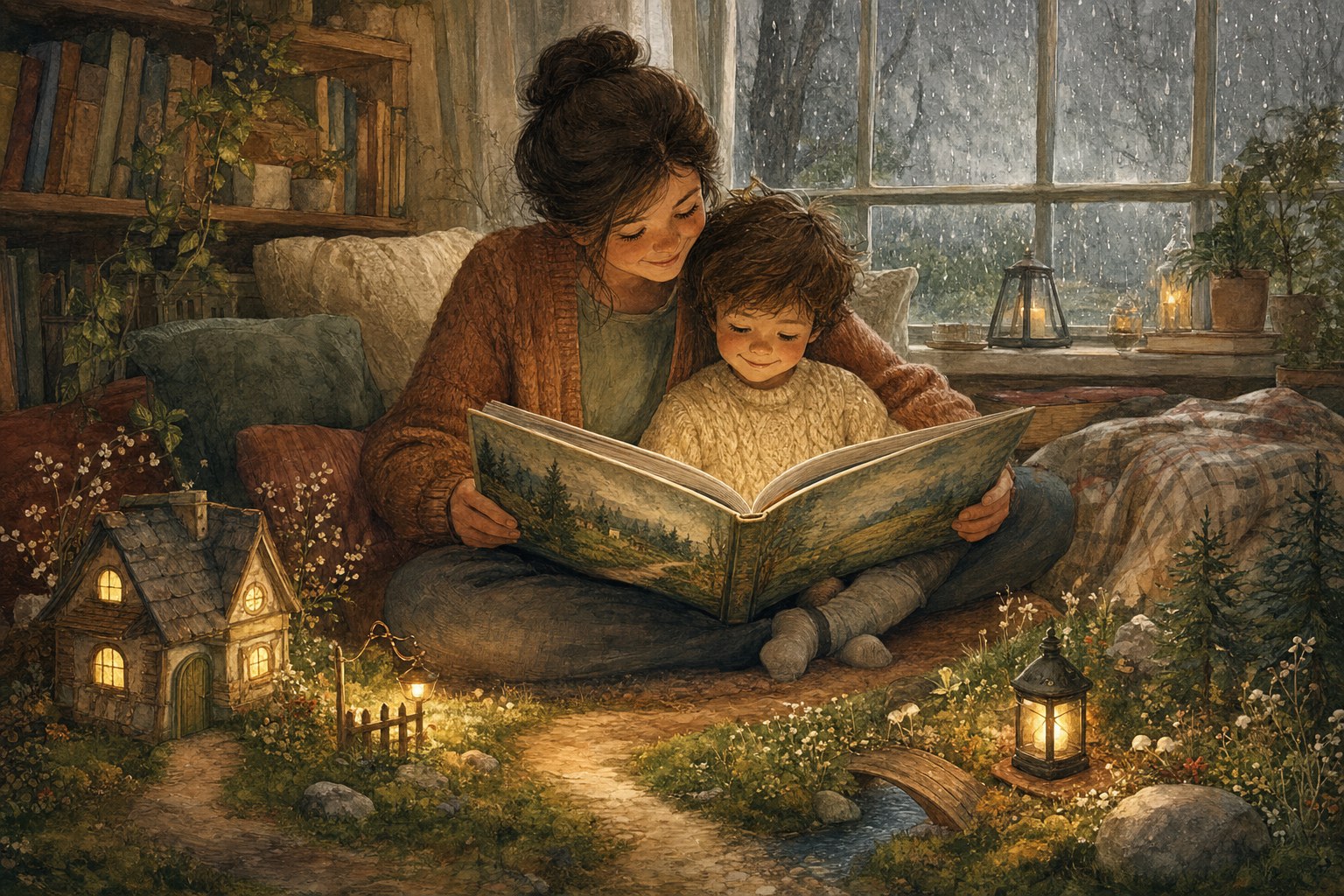 An adult and child reading an illustrated storybook together in a cozy room