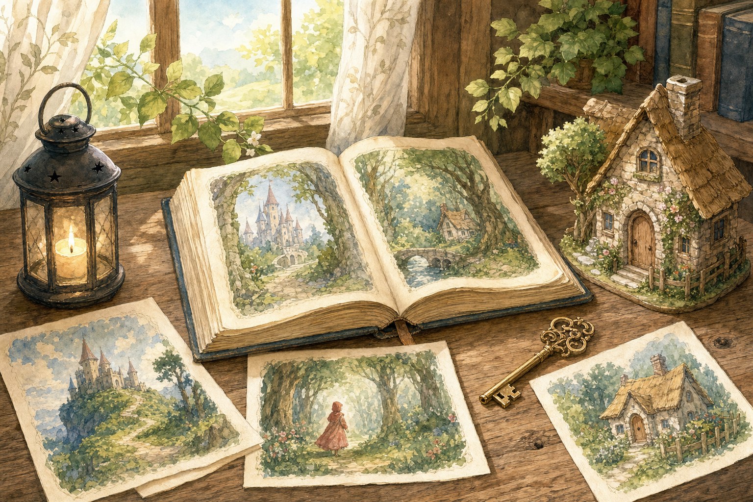An open illustrated storybook with a lantern, a key, and a small cottage on a wooden table