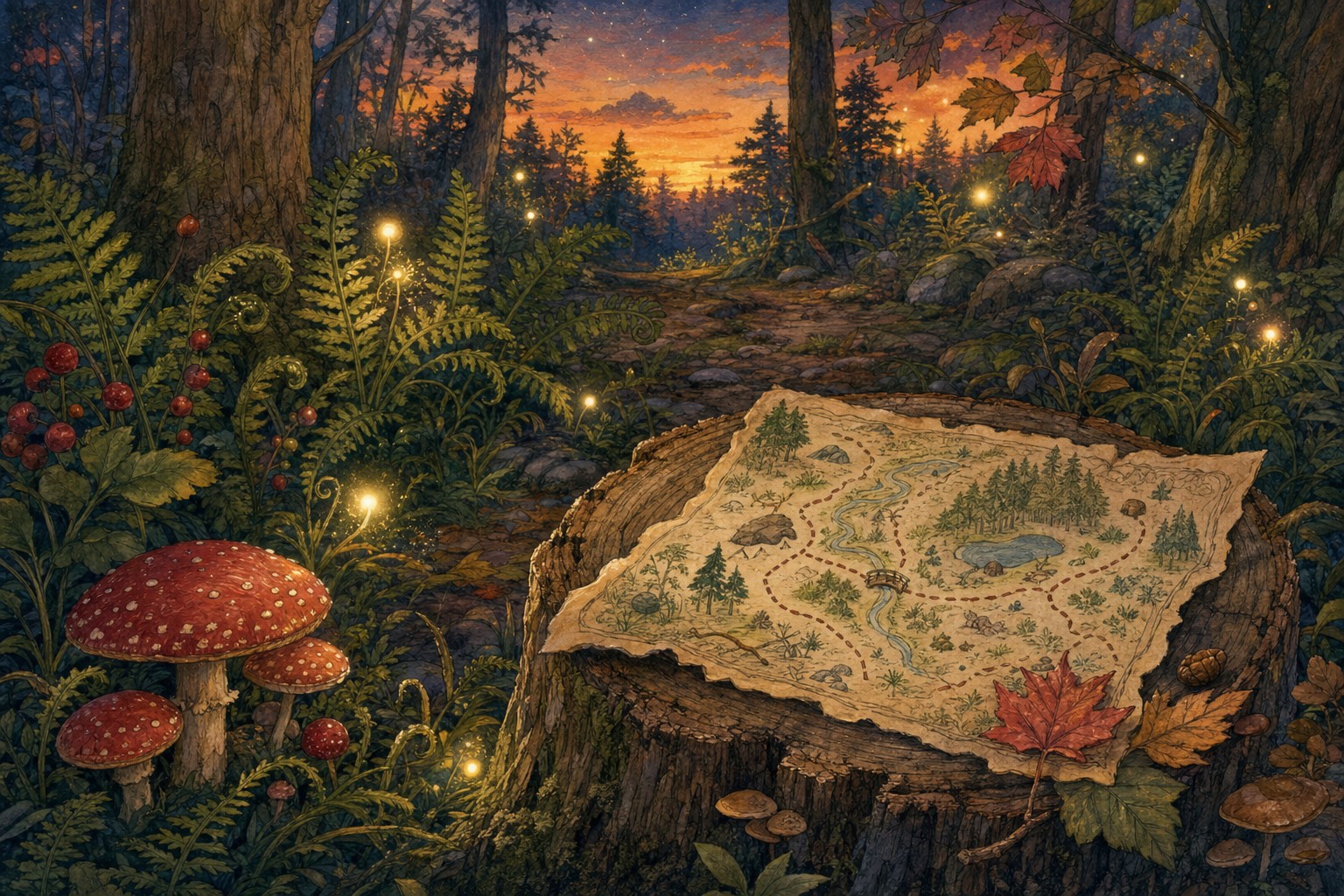 An illustrated woodland trail map resting on a tree stump