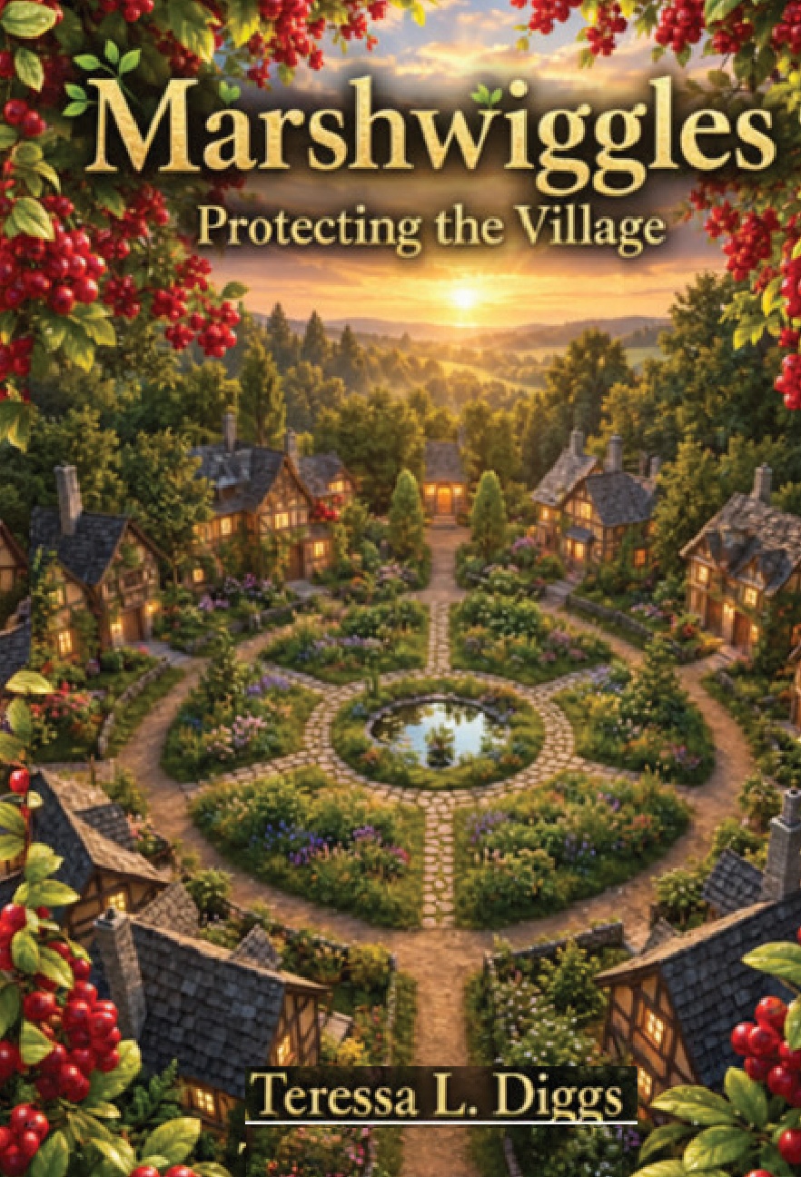 Front cover of Marshwiggles: Protecting the Village, showing a tiny village surrounded by greenery and red berries