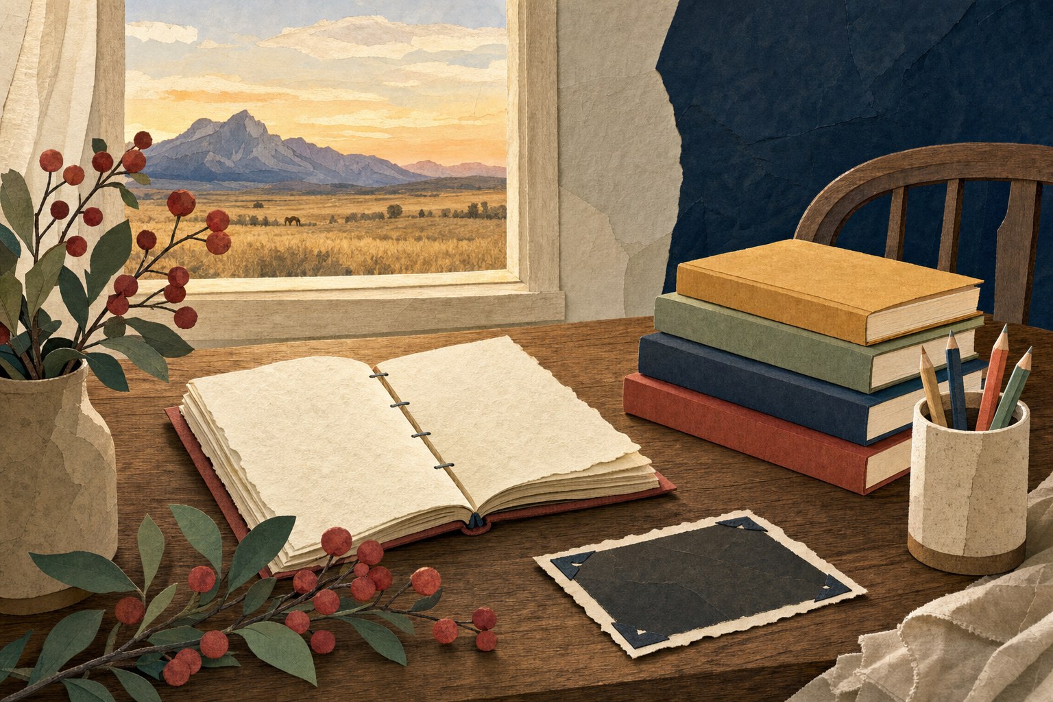 Illustrated notebook and books on a family story table