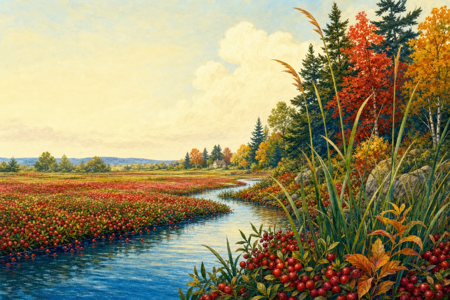 Illustrated cranberry bog with a winding stream and autumn woodland