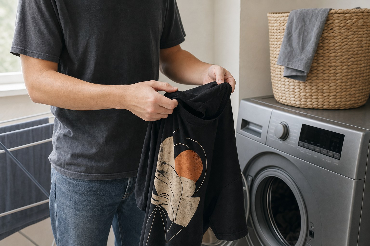 Person turning a black graphic T-shirt inside out beside a washing machine