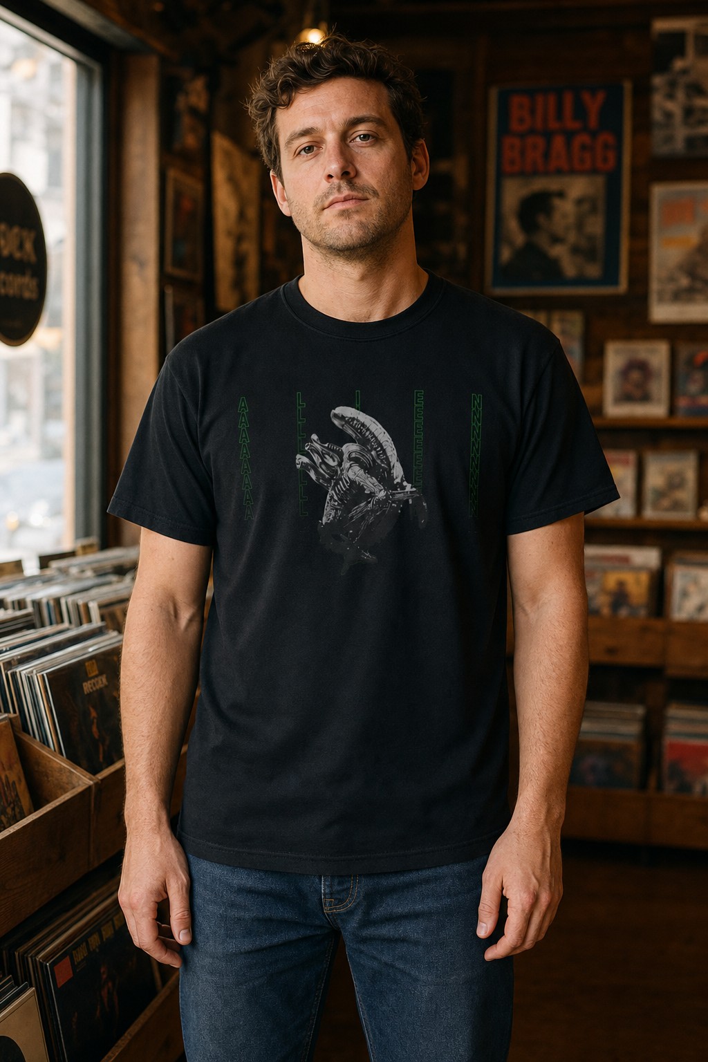 Model wearing the Alien movie Sci-Fi Horror Graphic T-Shirt with the full graphic visible in a vintage record shop