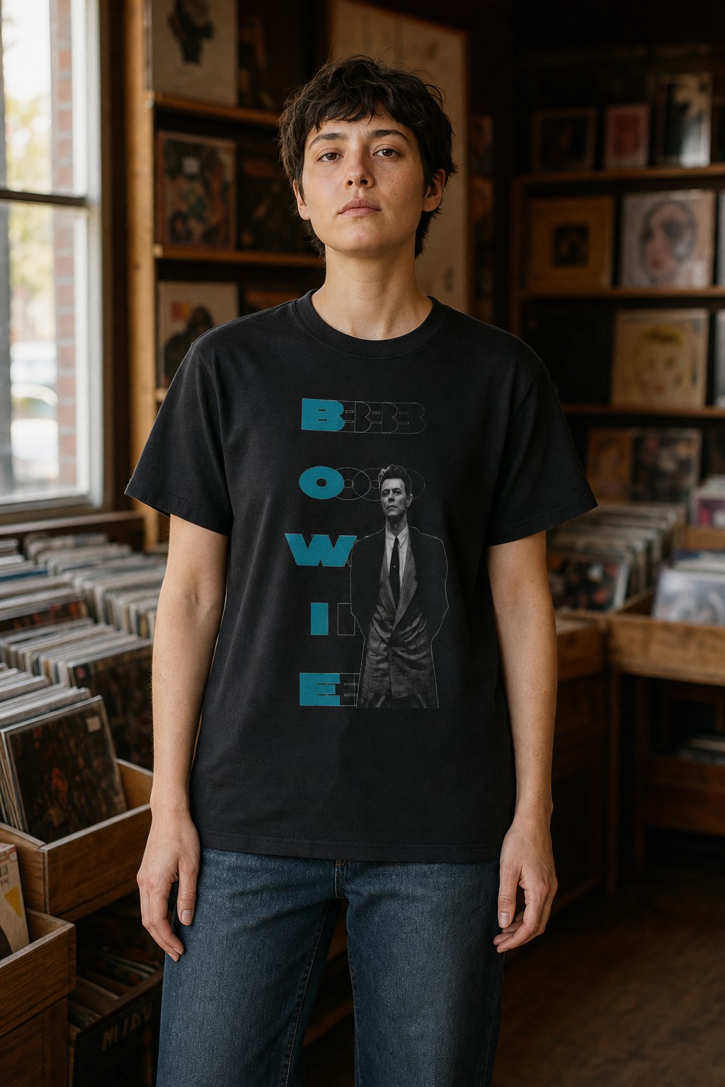 Model wearing the Bowie 80s Portrait Graphic T-Shirt with the full graphic visible in a vintage record shop