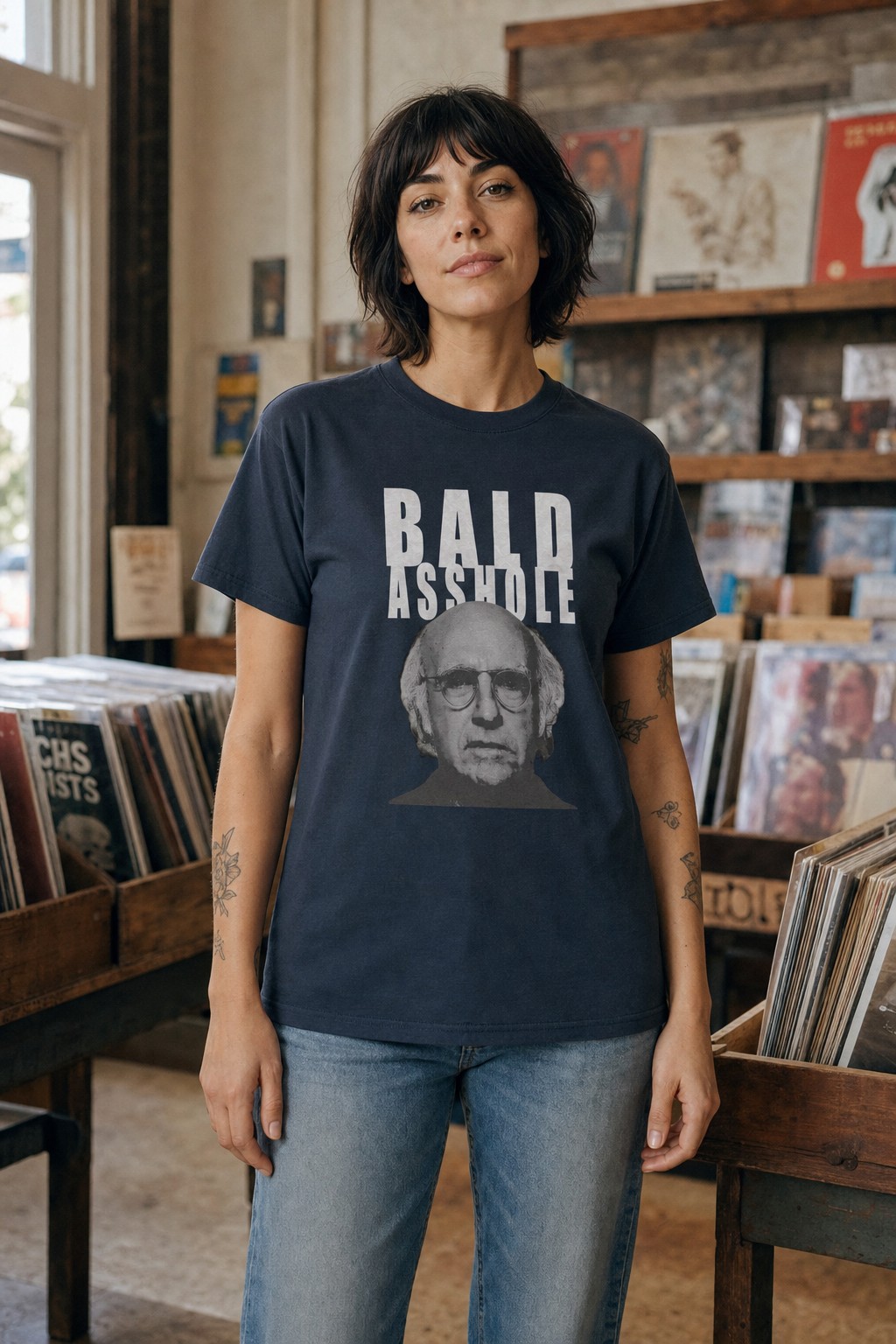 Model wearing the Curb Your Enthusiasm "Bald Asshole" T-Shirt with the full graphic visible in a vintage record shop