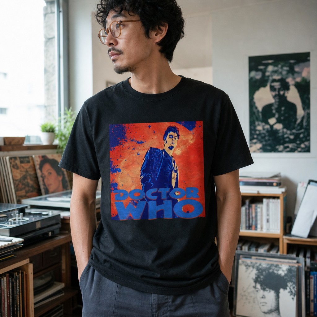 Model wearing the 10th Doctor Who Pop Art Tee - Sci Fi TV BBC