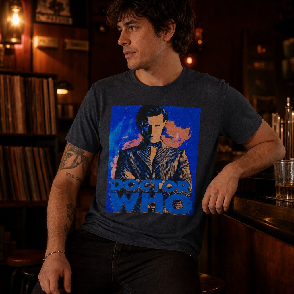 Model wearing the 11th Doctor Who Pop Art Tee | Eleventh Doctor Retro Portrait