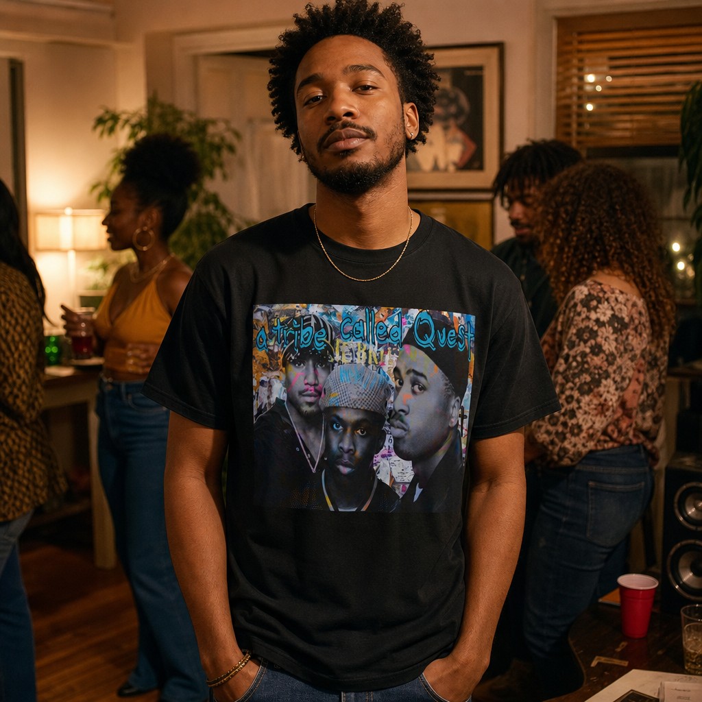 Model wearing the A Tribe Called Quest Retro Hip Hop Trio Photo Tee | 90s Rap Aesthetic