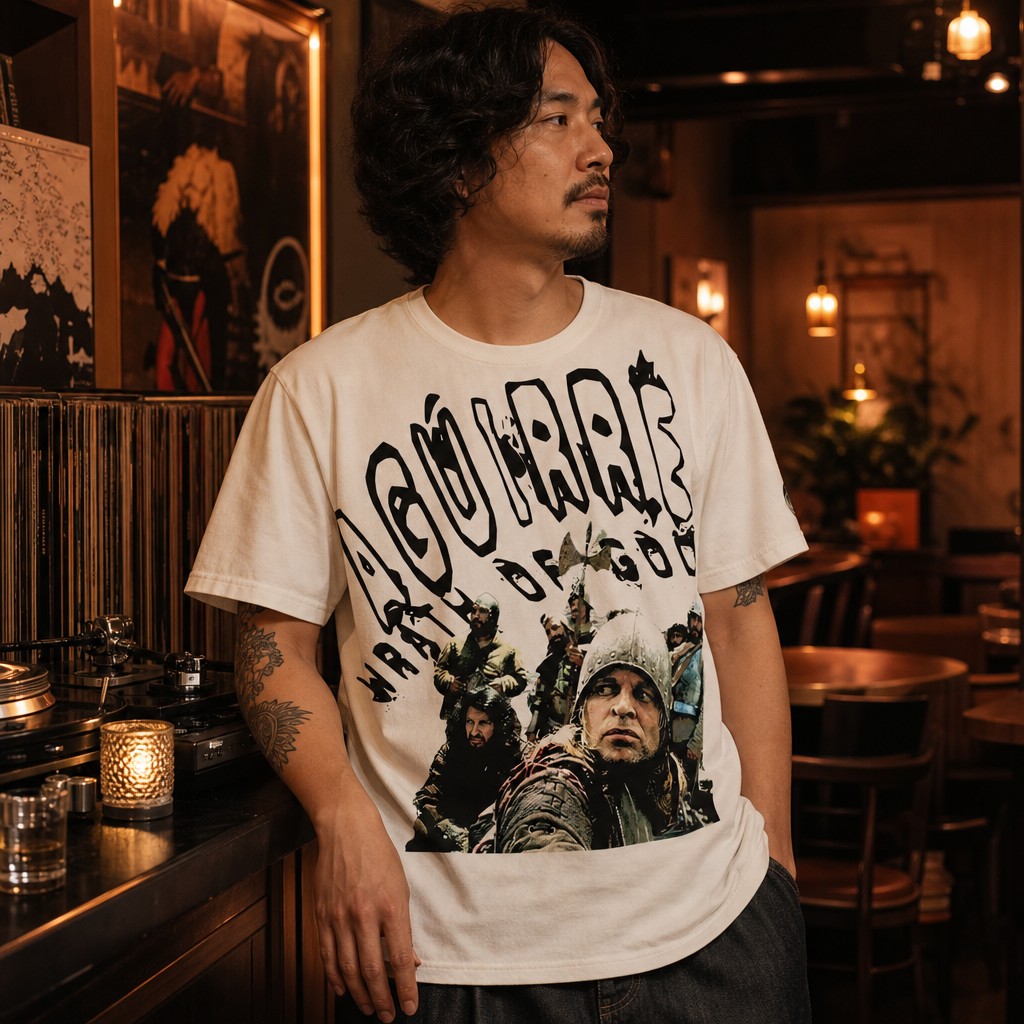 Model wearing the Aguirre Wrath of God Movie Poster Large print Tee