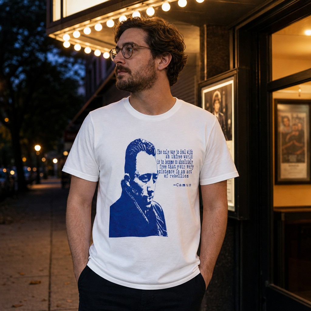 Model wearing the Albert Camus Philosopher Portrait Quote T-Shirt | Blue Graphic Tee