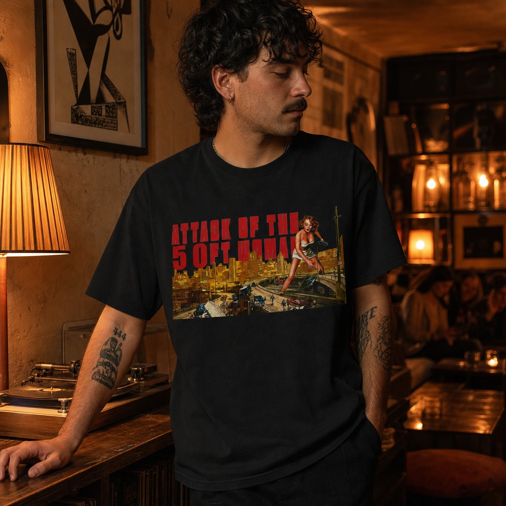 Model wearing the Attack of the 50 Ft. Woman Vintage Movie T-Shirt