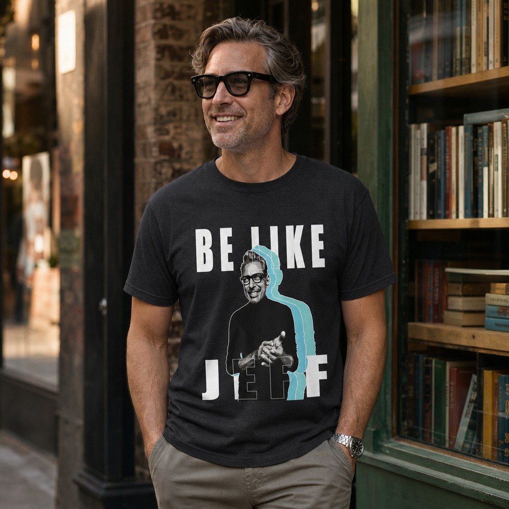 Model wearing the Be Like Jeff portrait T-Shirt | Jeff Goldblum retro typography