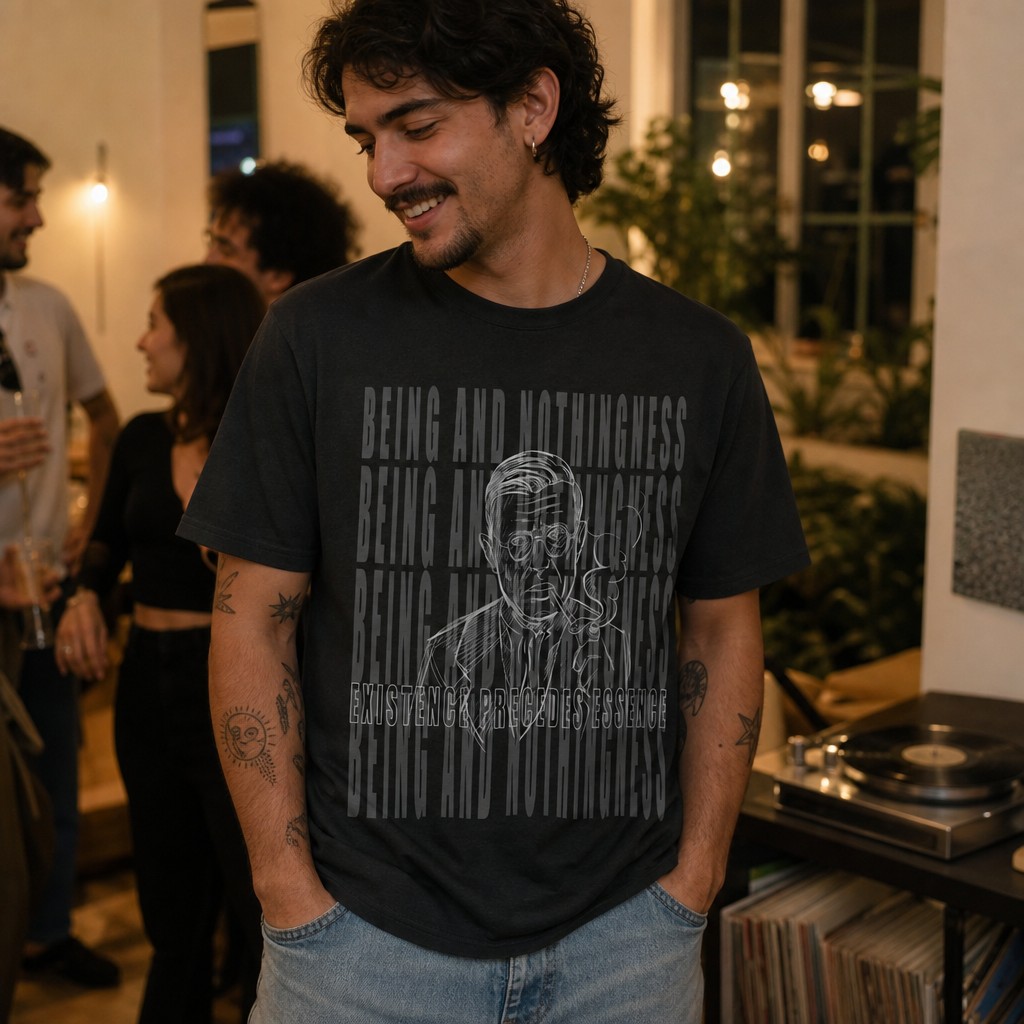 Model wearing the Being and Nothingness graphic Tee | Sartre portrait, existential philosophy text