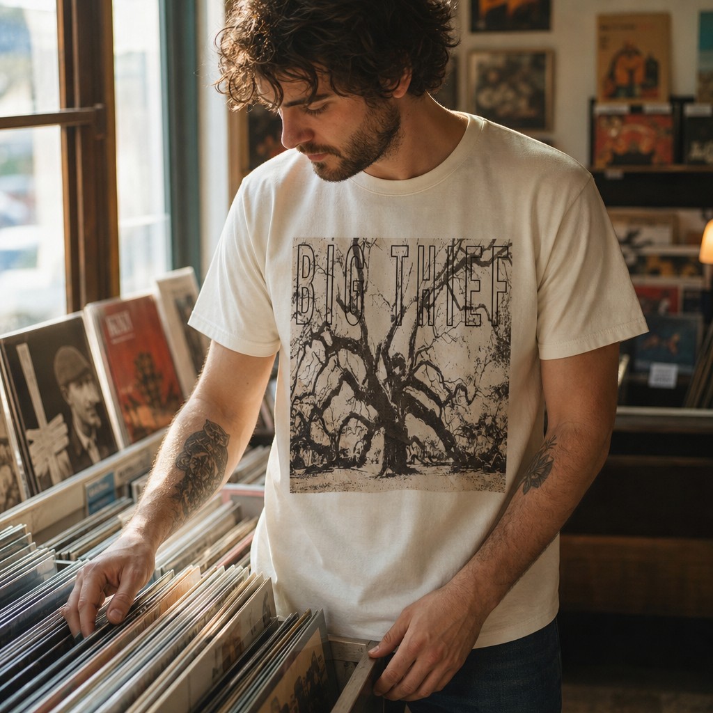 Model wearing the Big Thief Tree Tee, Vintage Indie Rock Nature Graphic Shirt