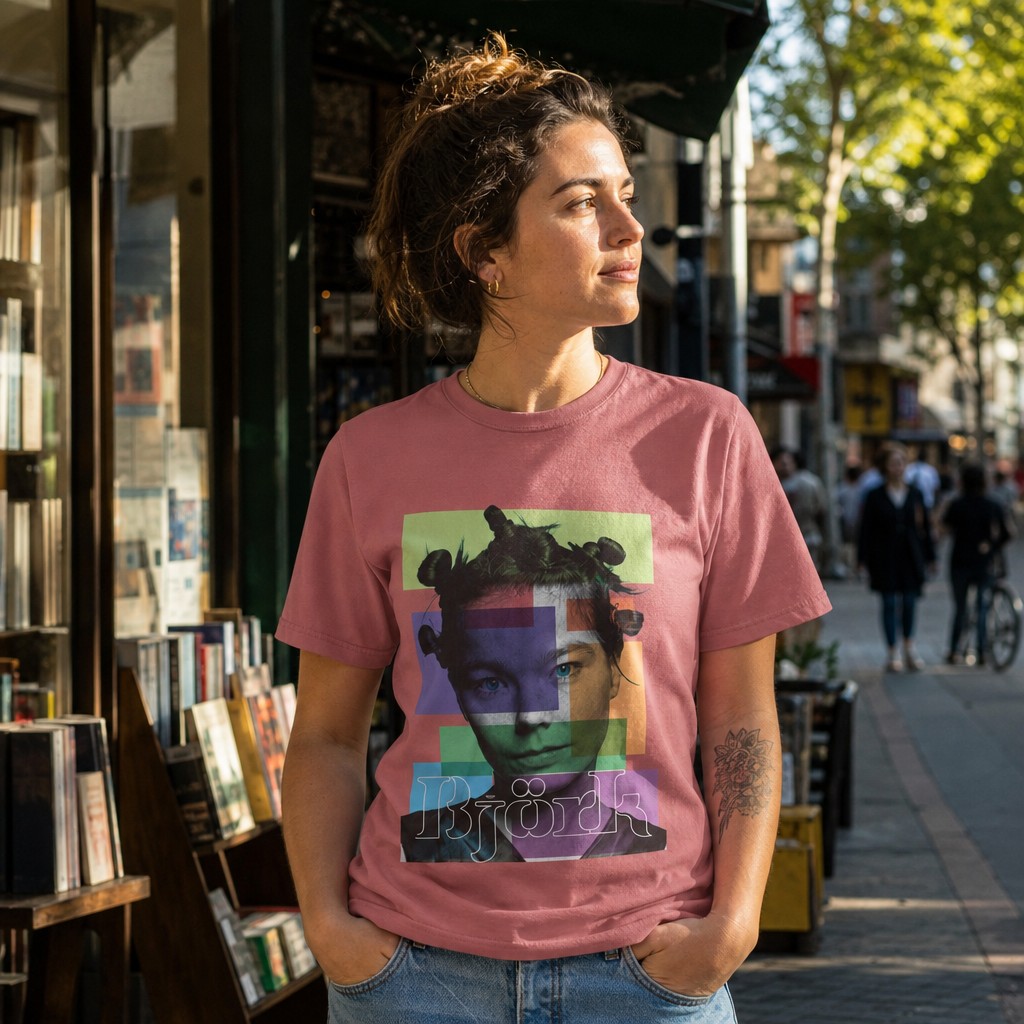 Model wearing the Bjork Portrait Pop Art Tee | Music Face Graphic T-shirt