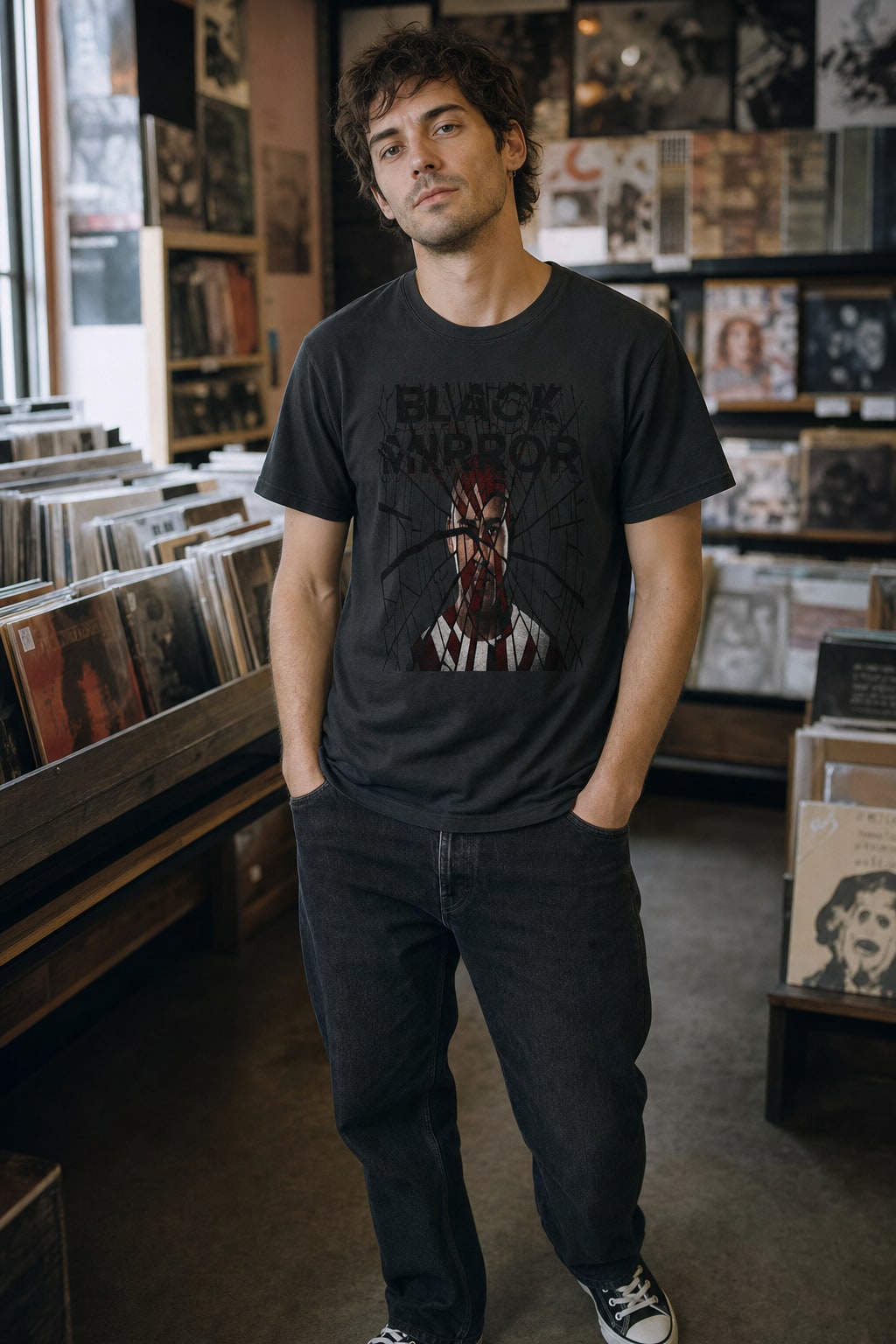 Model wearing the Black Mirror Broken Glass distorted face graphic T-shirt in a record store