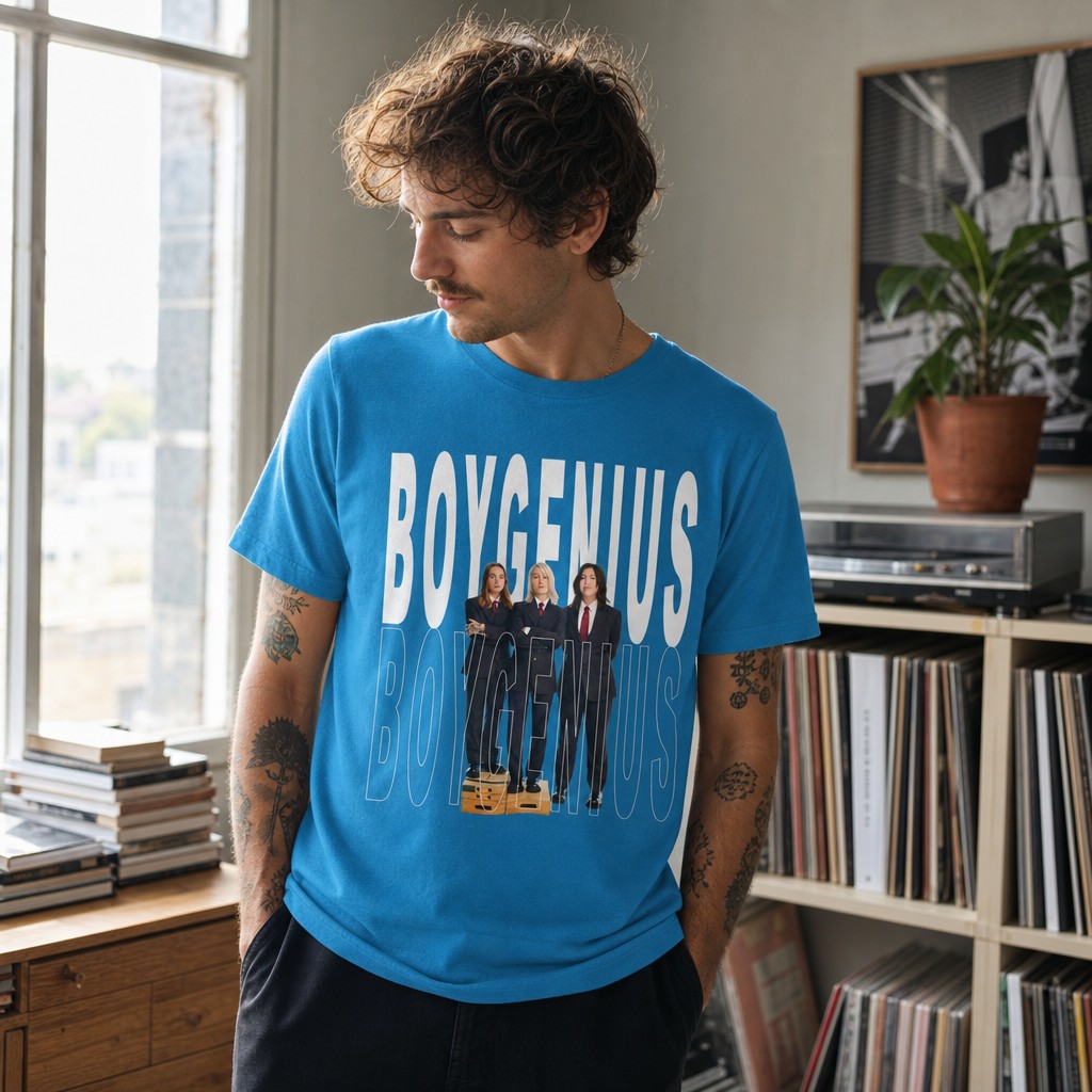 Model wearing the Boy Genius graphic tee | Band portrait shirt, vintage