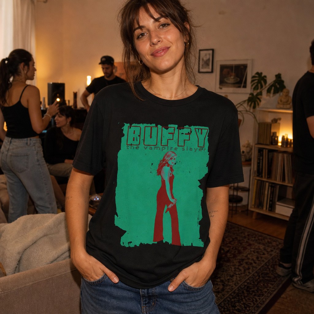 Model wearing the Buffy the Vampire Slayer Retro Poster Tee | Graphic T-Shirt