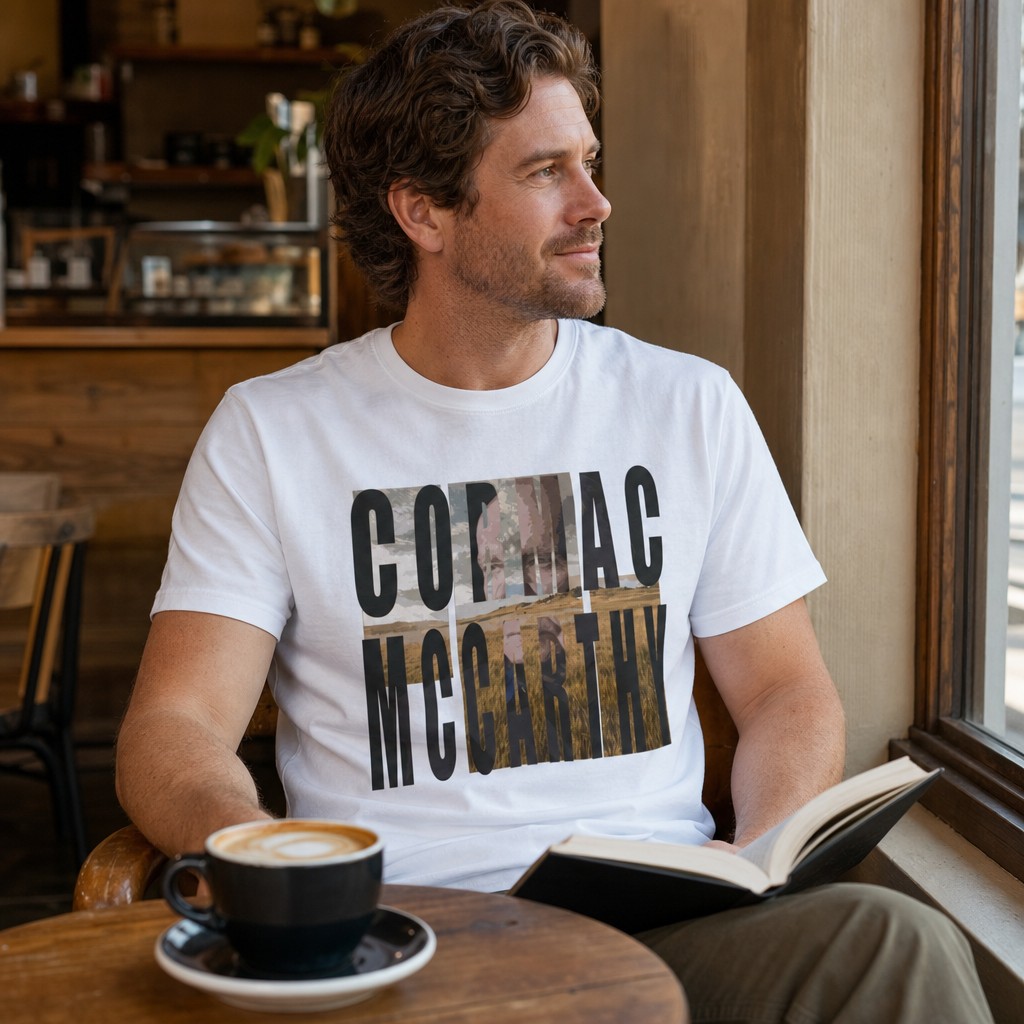 Model wearing the Cormac McCarthy Typography Tee | Western Landscape Text Art