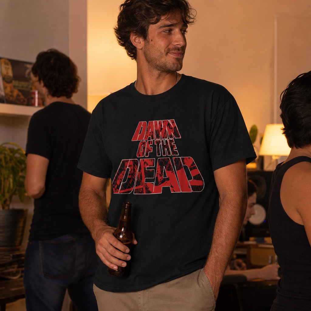 Model wearing the Dawn of the Dead T-Shirt | Horror Movie Logo Tee
