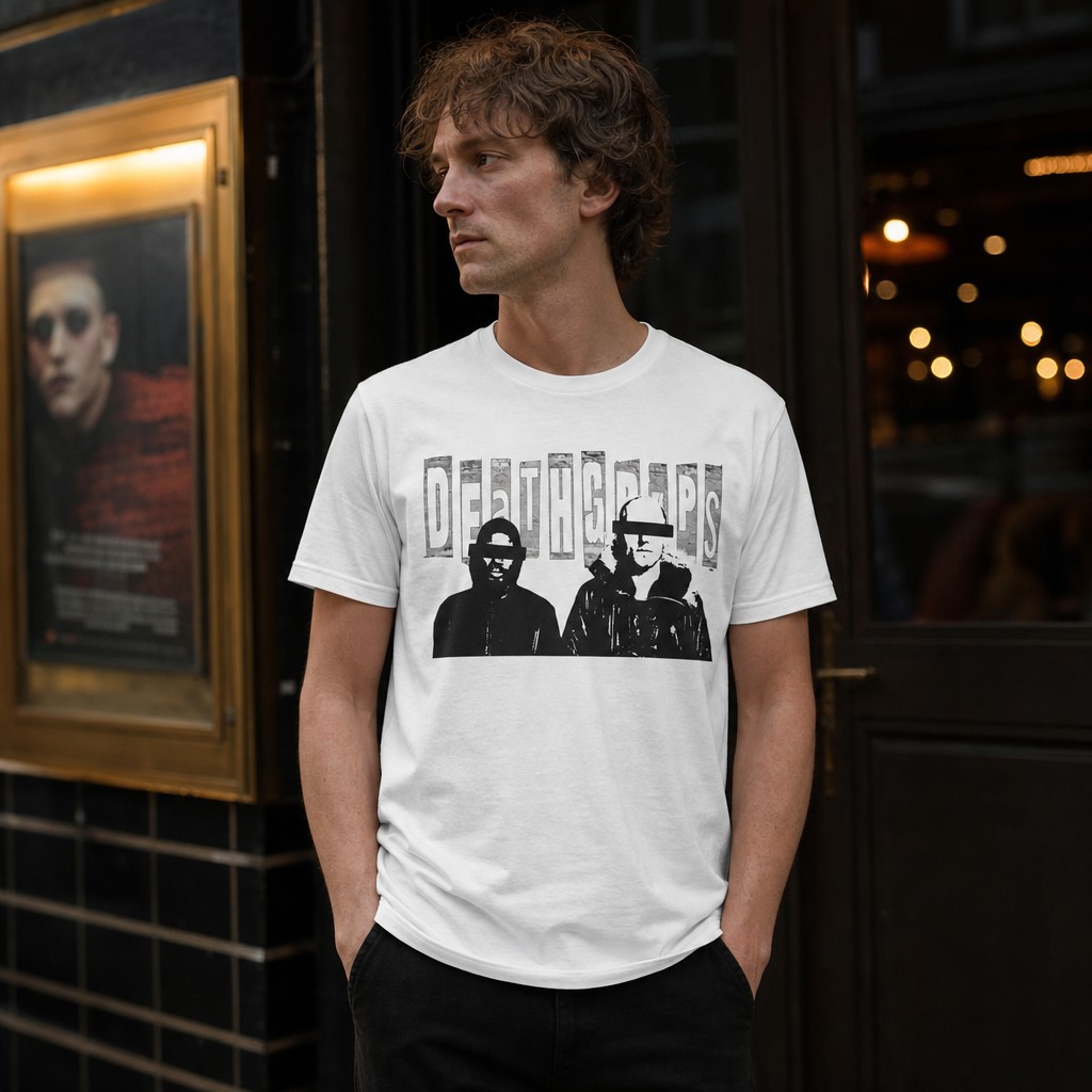 Model wearing the Death Grips duo photo Tee | Experimental Hip-Hop graphic shirt