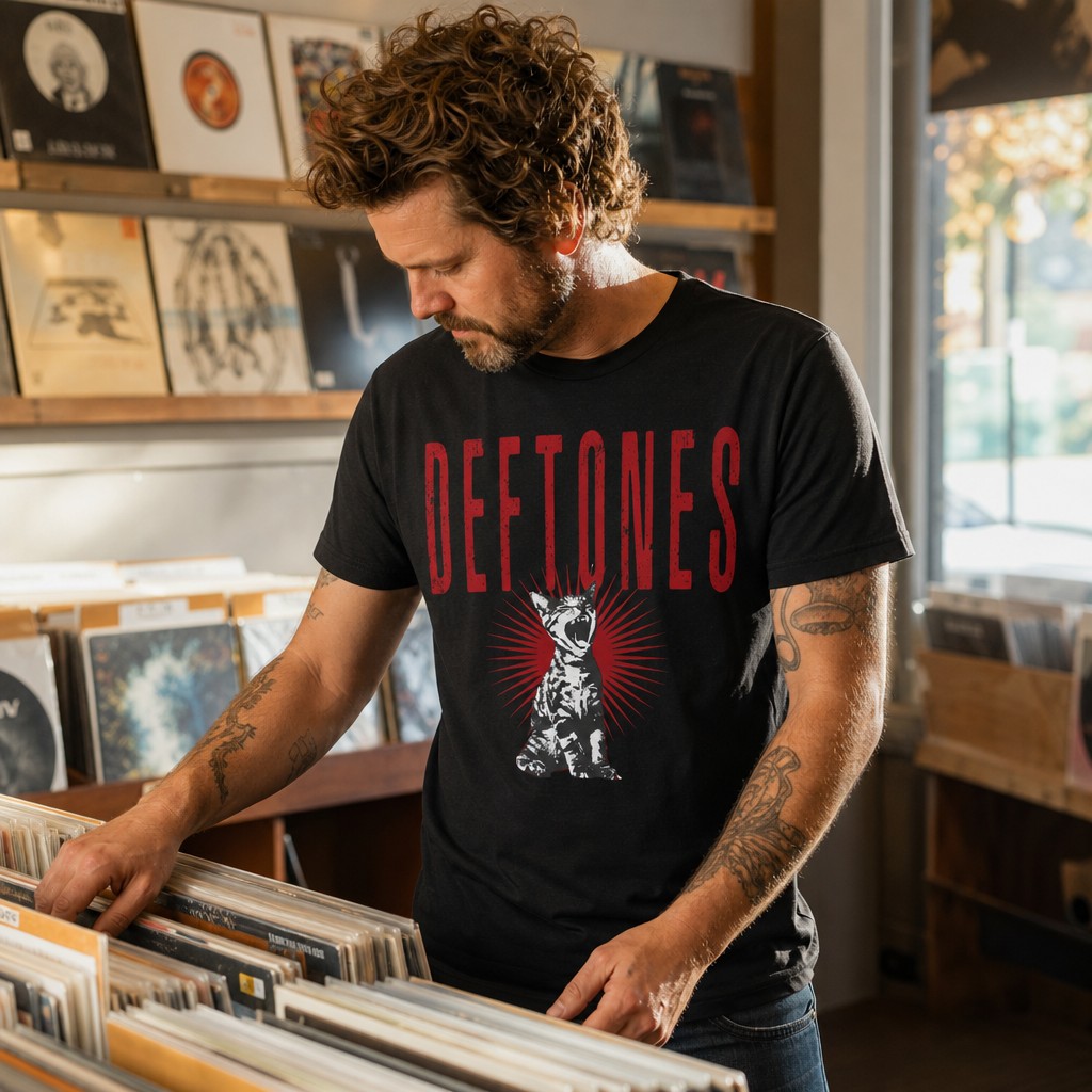 Model wearing the Deftones Band Logo Cat Tee | Rock Band T-Shirt