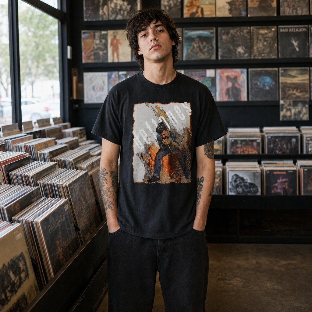 Model wearing the Deftones Burning Up distressed graphic band T-shirt